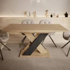Meubella - Eetkamertafel Xandra - Eiken - Zwart - 160 cm - Uitschuifbaar