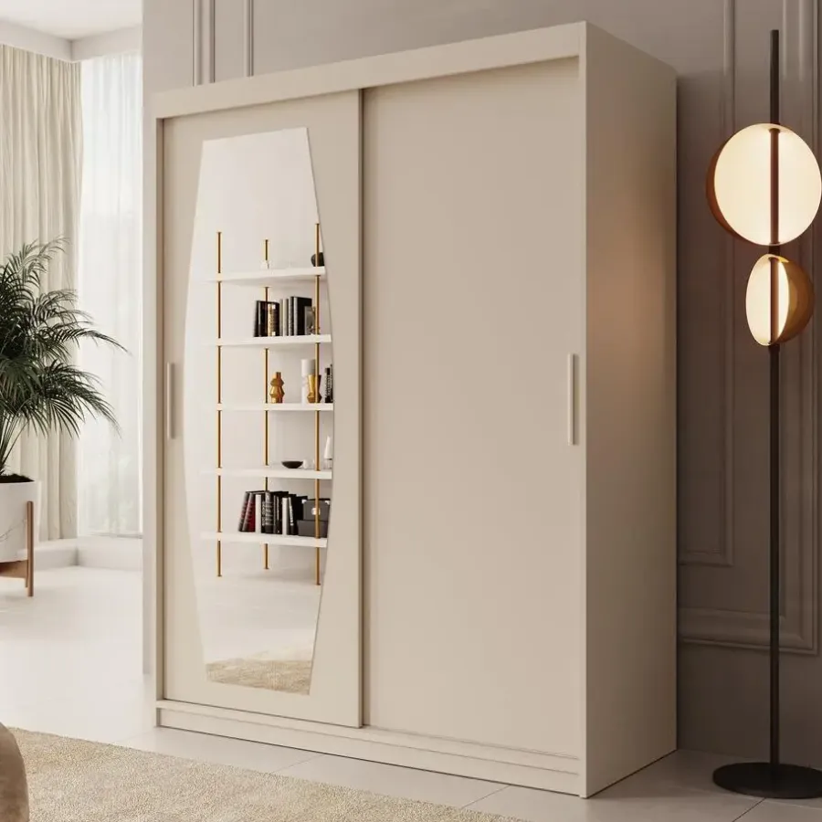Kledingkasten|Kledingkasten-Meubella - Kledingkast Azai - Beige - 150 cm - Met spiegel