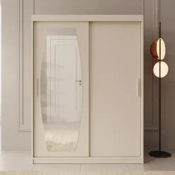 Kledingkasten|Kledingkasten-Meubella - Kledingkast Azai - Beige - 150 cm - Met spiegel