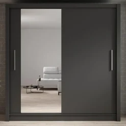 Schuifdeurkasten-Meubella - Kledingkast Bazarre - Grijs - 205 cm - Met spiegel