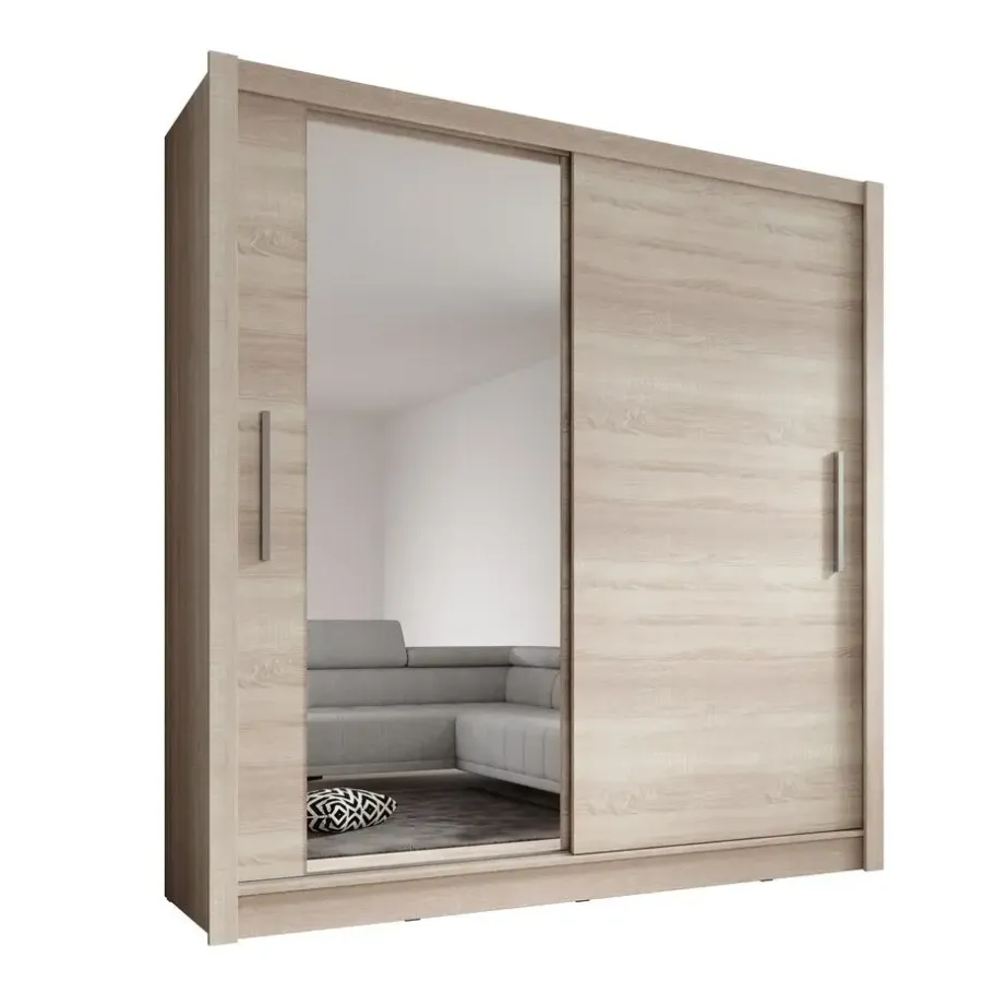 Schuifdeurkasten-Meubella - Kledingkast Bazarre - Eiken - 205 cm - Met spiegel