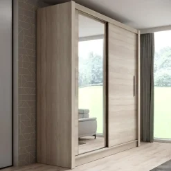 Schuifdeurkasten-Meubella - Kledingkast Bazarre - Eiken - 205 cm - Met spiegel