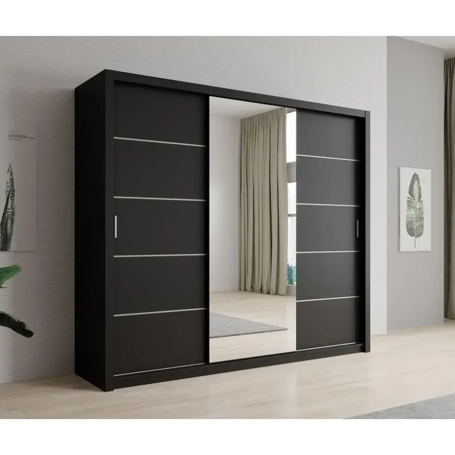 Meubella - Kledingkast Blake - Mat Zwart - 250 cm - Met spiegel