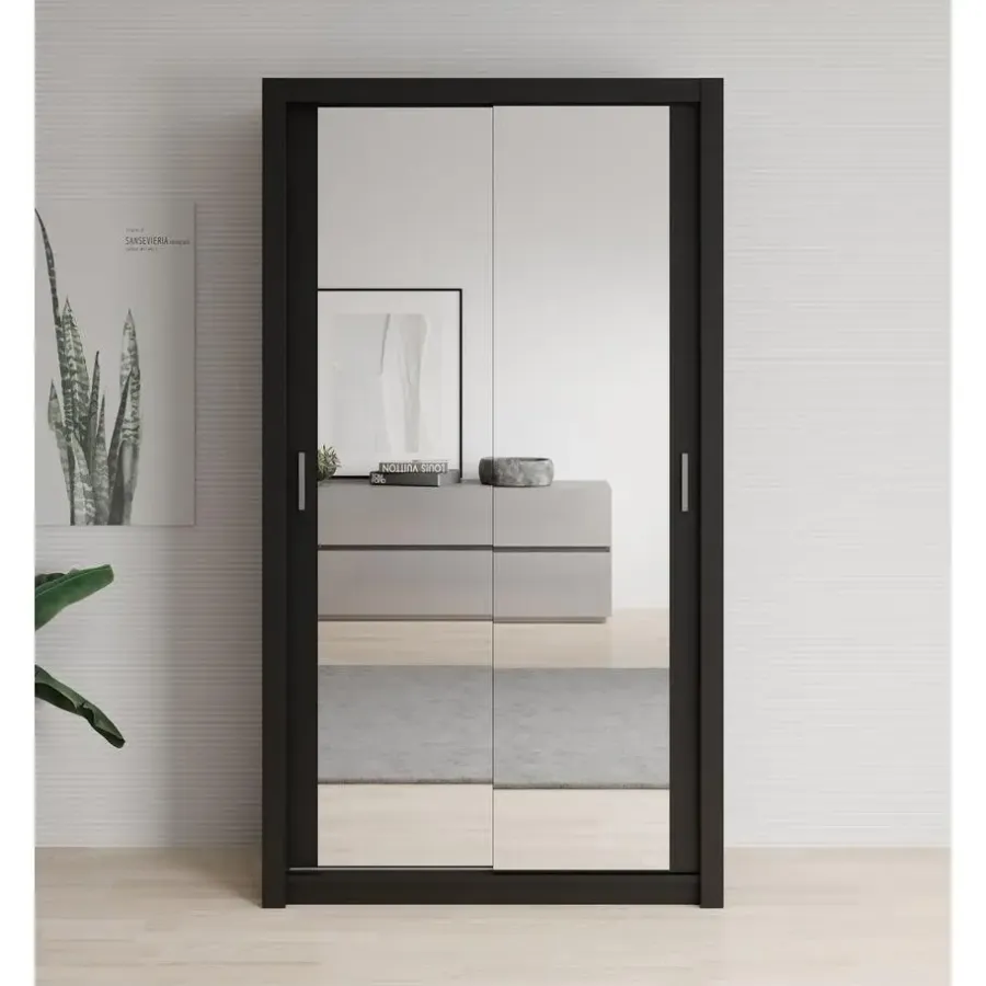 Schuifdeurkasten-Meubella - Kledingkast Blake - Mat Zwart - 120 cm - Met spiegel