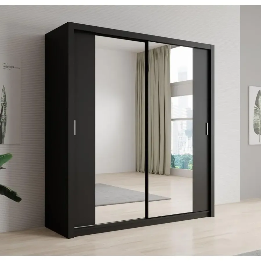 Schuifdeurkasten-Meubella - Kledingkast Blake - Mat Zwart - 200 cm - Met spiegel