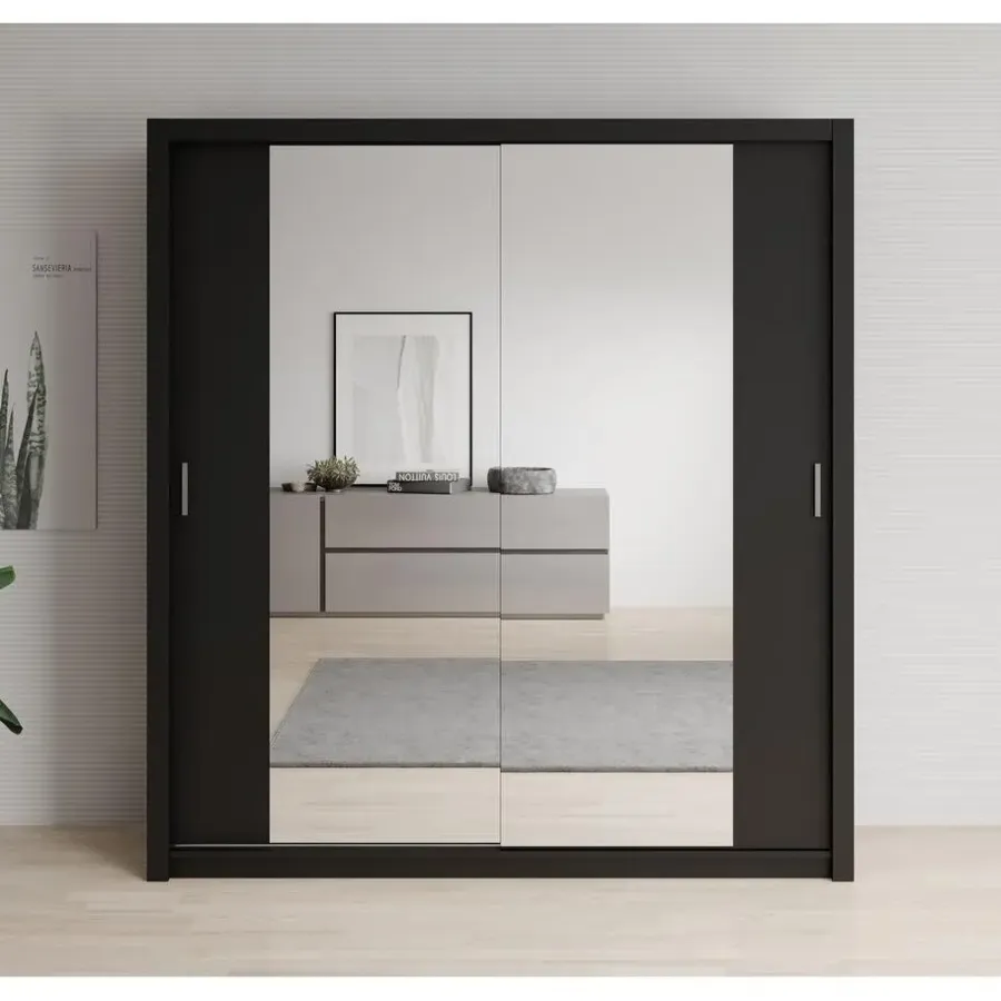 Schuifdeurkasten-Meubella - Kledingkast Blake - Mat Zwart - 200 cm - Met spiegel