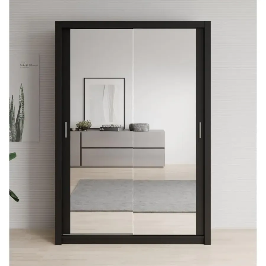 Schuifdeurkasten-Meubella - Kledingkast Blake - Mat Zwart - 150 cm - Met spiegel