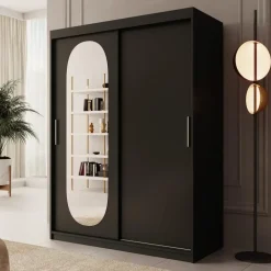Meubella - Kledingkast Bodhi - Zwart - 150 cm - Met spiegel