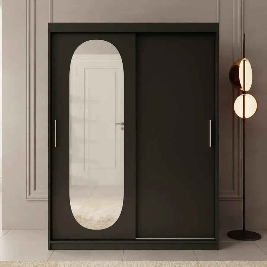 Meubella - Kledingkast Bodhi - Zwart - 150 cm - Met spiegel