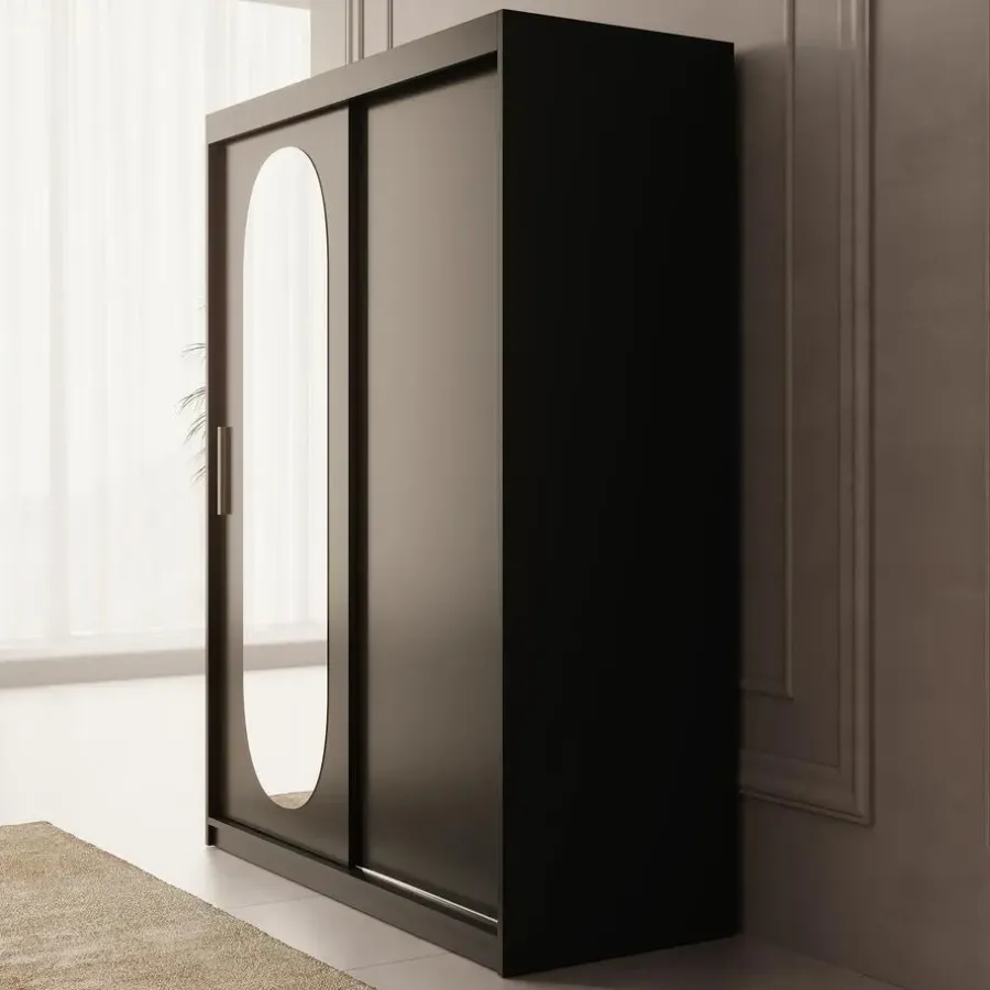 Meubella - Kledingkast Bodhi - Zwart - 150 cm - Met spiegel