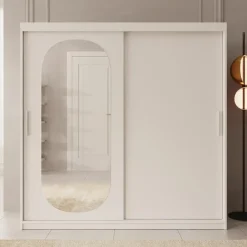 Schuifdeurkasten-Meubella - Kledingkast Bodhi - Wit - 200 cm - Met spiegel