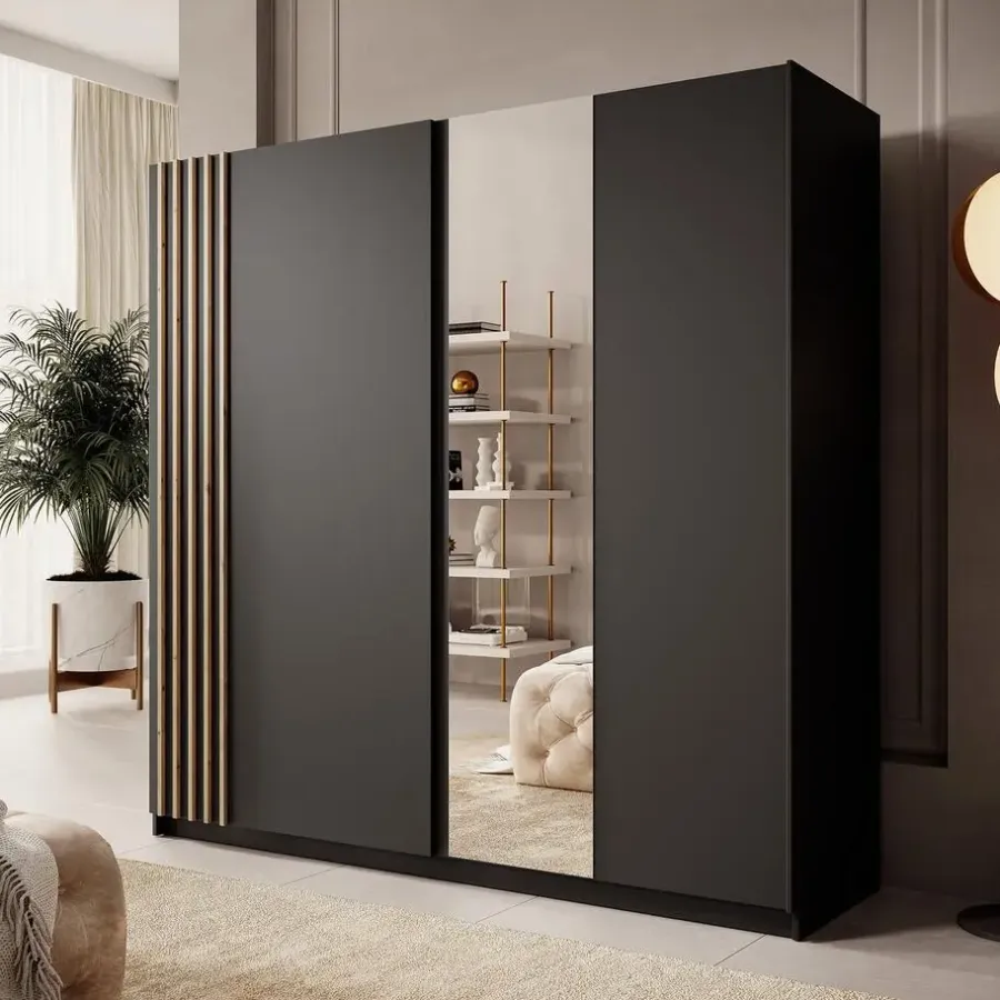 Meubella - Kledingkast Boets - Zwart - Eiken - 200 cm - Met spiegel