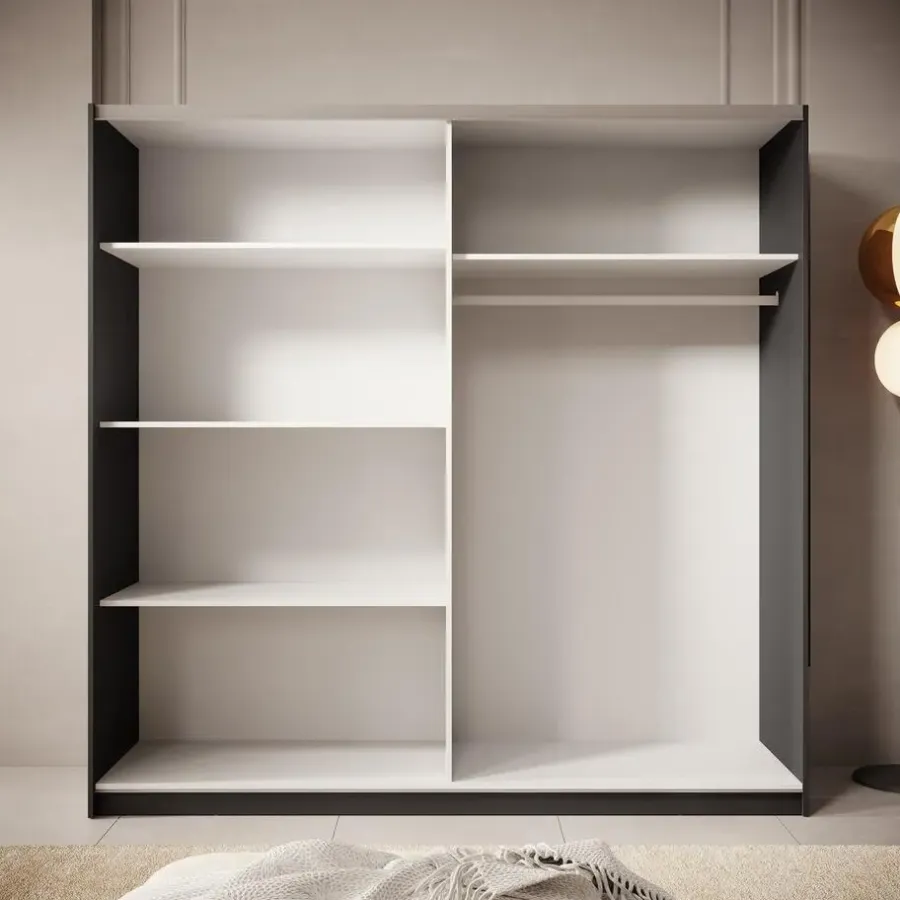 Meubella - Kledingkast Boets - Zwart - Eiken - 200 cm - Met spiegel