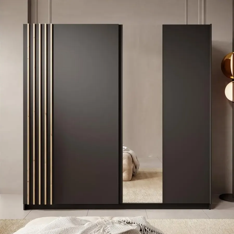 Meubella - Kledingkast Boets - Zwart - Eiken - 200 cm - Met spiegel