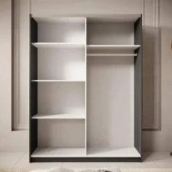 Schuifdeurkasten-Meubella - Kledingkast Boets - Zwart - Eiken - 150 cm - Met spiegel