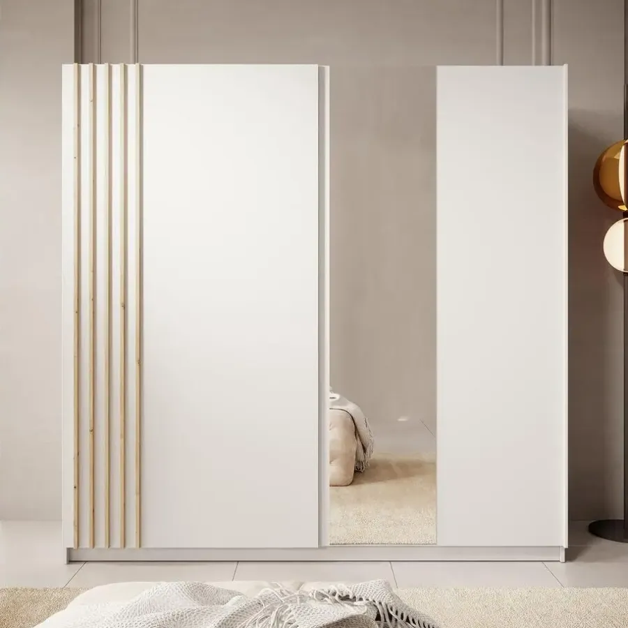 Kledingkasten|Kledingkasten-Meubella - Kledingkast Boets - Wit - Eiken - 200 cm - Met spiegel