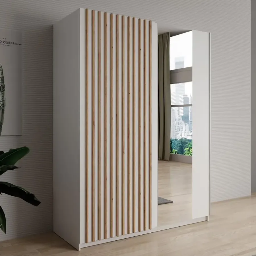 Schuifdeurkasten-Meubella - Kledingkast Deliryon - Wit - 150 cm - Met spiegel