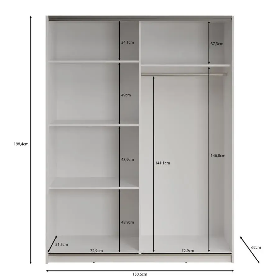 Schuifdeurkasten-Meubella - Kledingkast Deliryon - Wit - 150 cm - Met spiegel