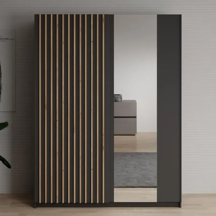 Meubella - Kledingkast Deliryon - Zwart - 150 cm - Met spiegel