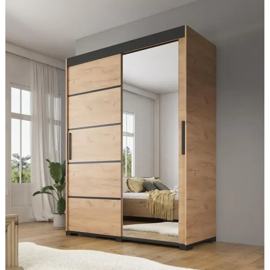 Kledingkasten|Kledingkasten-Meubella - Kledingkast Fabio - Eiken - 150 cm - Met spiegel