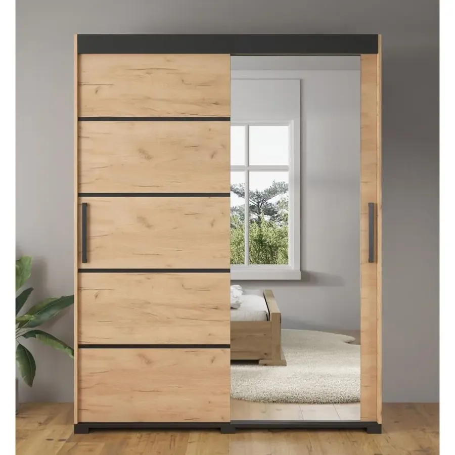 Kledingkasten|Kledingkasten-Meubella - Kledingkast Fabio - Eiken - 150 cm - Met spiegel