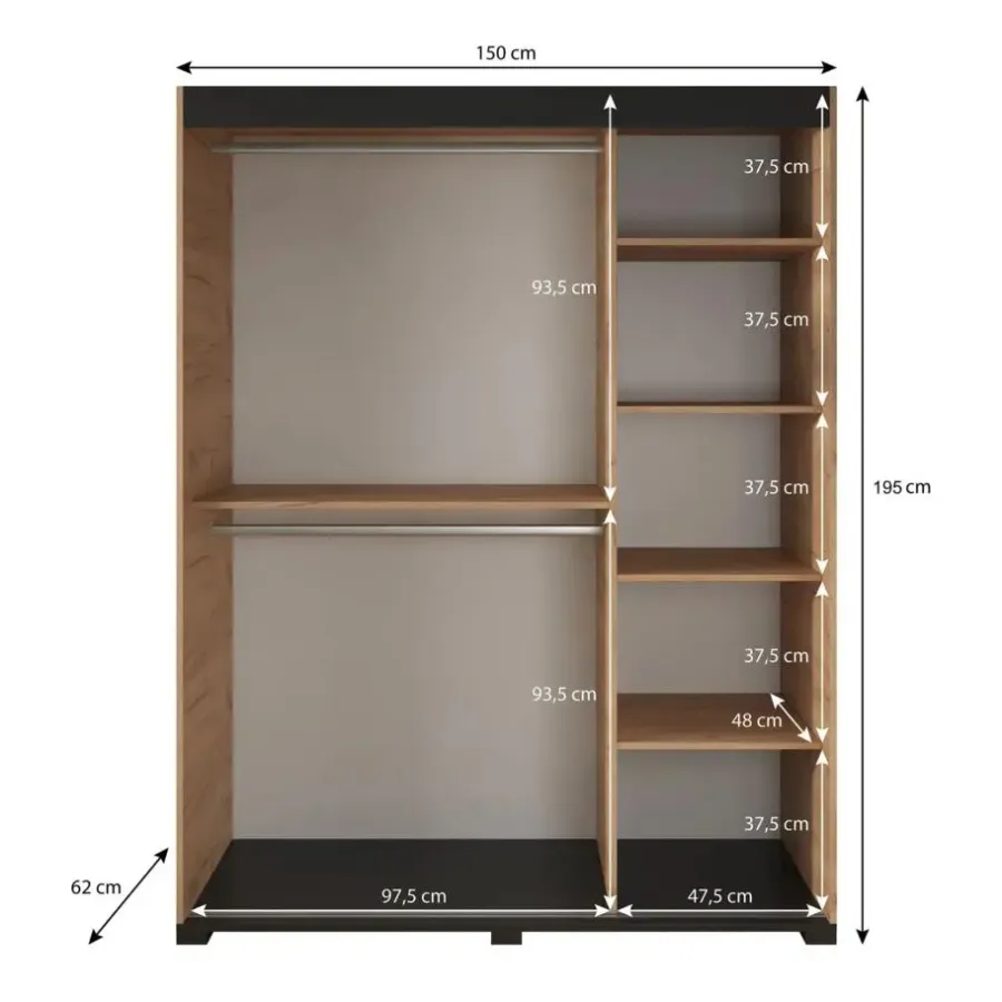 Kledingkasten|Kledingkasten-Meubella - Kledingkast Fabio - Eiken - 150 cm - Met spiegel