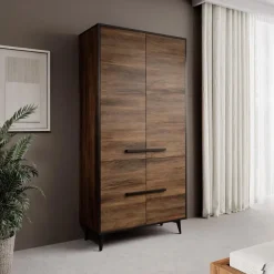 Kledingkasten|Kledingkasten-Meubella - Kledingkast Frey - Donker eiken - Zwart - 92 cm