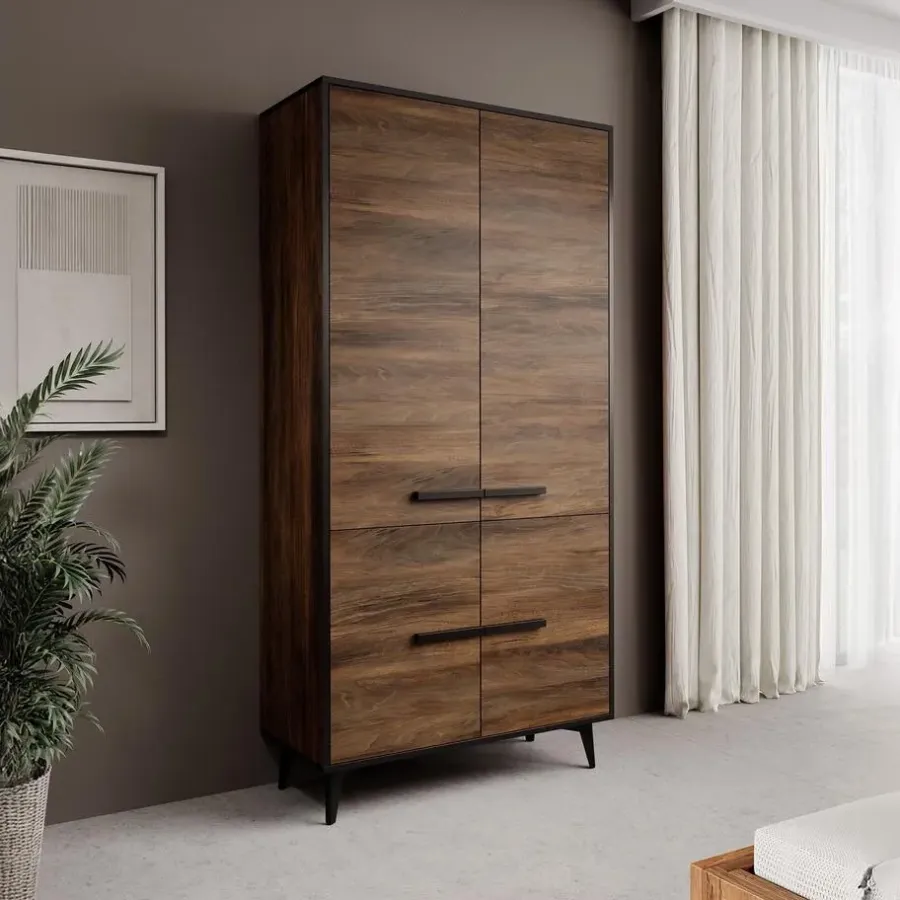 Kledingkasten|Kledingkasten-Meubella - Kledingkast Frey - Donker eiken - Zwart - 92 cm