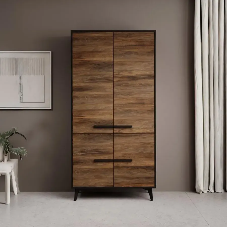 Kledingkasten|Kledingkasten-Meubella - Kledingkast Frey - Donker eiken - Zwart - 92 cm