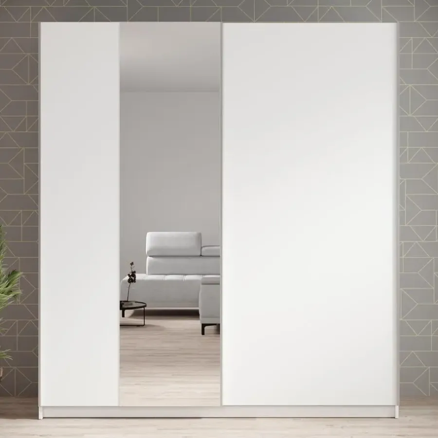 Schuifdeurkasten-Meubella - Kledingkast Ganaro - Wit - 180 cm - Met spiegel