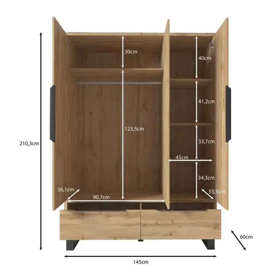 Kledingkasten|Kledingkasten-Meubella - Kledingkast Harlow - Eiken - 145 cm