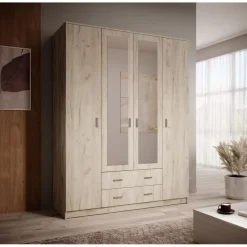 Kledingkasten|Kledingkasten-Meubella - Kledingkast Hinto - Grijs Eiken - 160 cm - Met spiegel