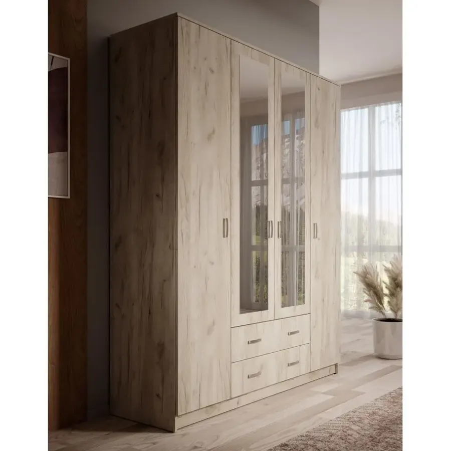 Kledingkasten|Kledingkasten-Meubella - Kledingkast Hinto - Grijs Eiken - 160 cm - Met spiegel