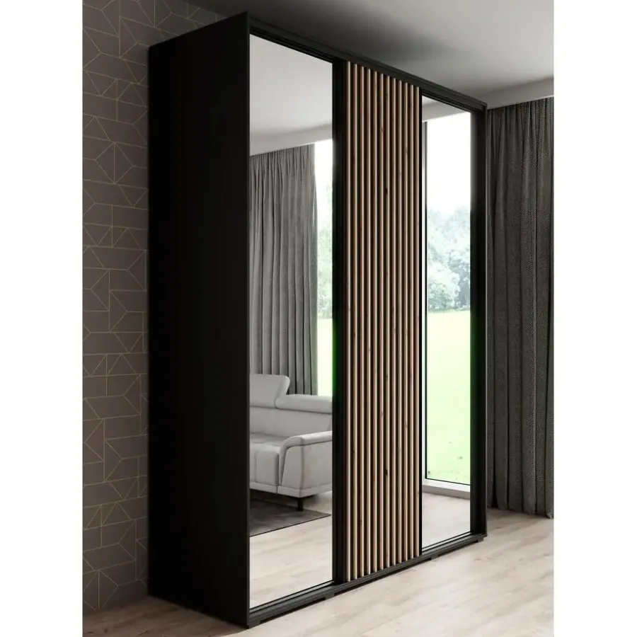 Meubella - Kledingkast Leandro - Zwart - 180 cm - Met spiegel