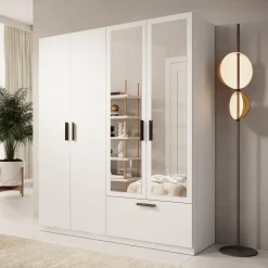 Draaideurkasten-Meubella - Kledingkast Lillian - Wit - 180 cm - Met spiegel