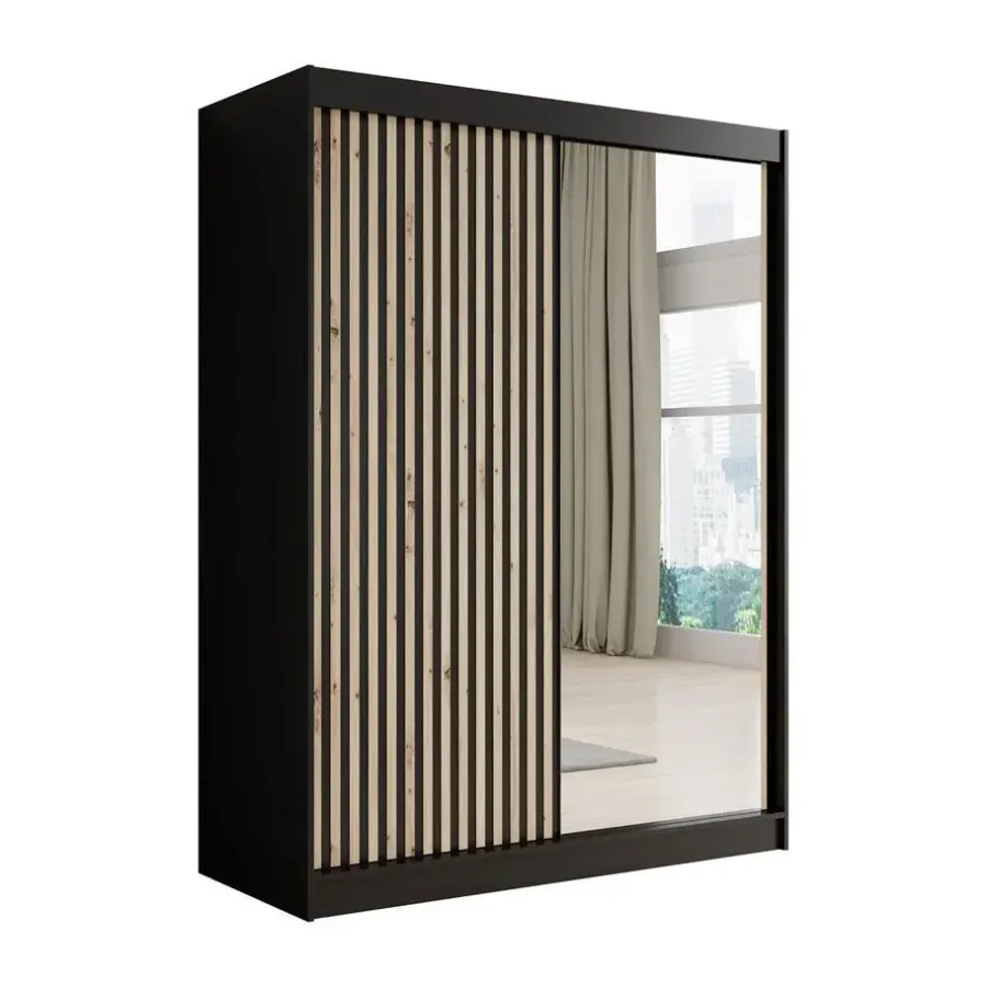 Kledingkasten|Kledingkasten-Meubella - Kledingkast Lisbon 2 - Zwart - 150 cm - Met spiegel