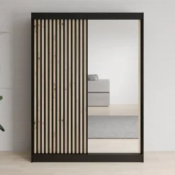 Kledingkasten|Kledingkasten-Meubella - Kledingkast Lisbon 2 - Zwart - 150 cm - Met spiegel