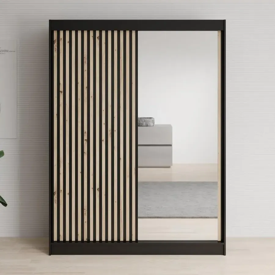 Kledingkasten|Kledingkasten-Meubella - Kledingkast Lisbon 2 - Zwart - 150 cm - Met spiegel