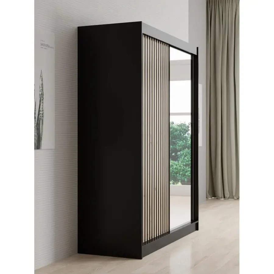 Kledingkasten|Kledingkasten-Meubella - Kledingkast Lisbon 2 - Zwart - 150 cm - Met spiegel