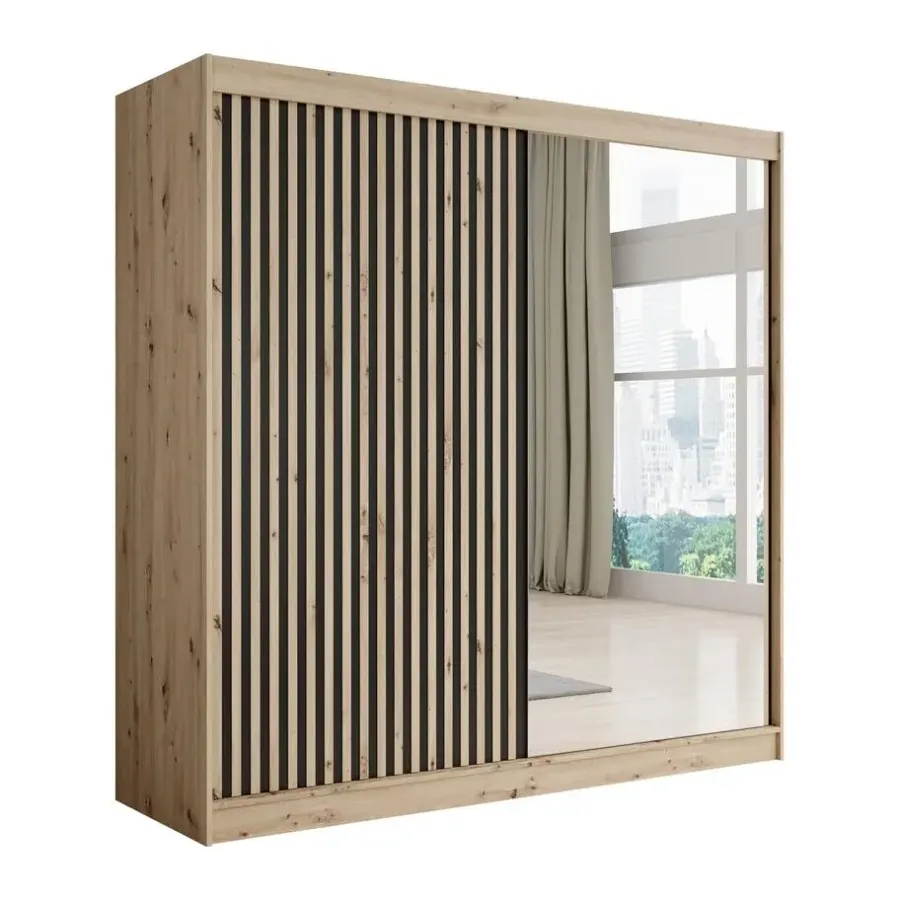 Meubella - Kledingkast Lisbon 2 - Eiken - 200 cm - Met spiegel