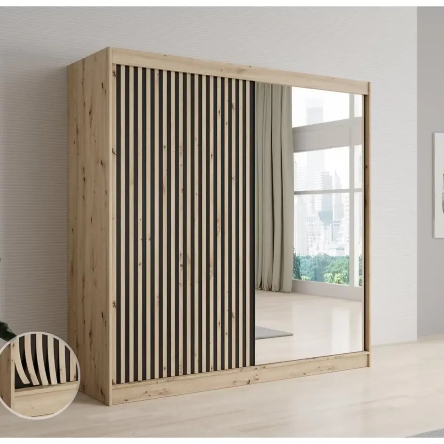 Meubella - Kledingkast Lisbon 2 - Eiken - 200 cm - Met spiegel
