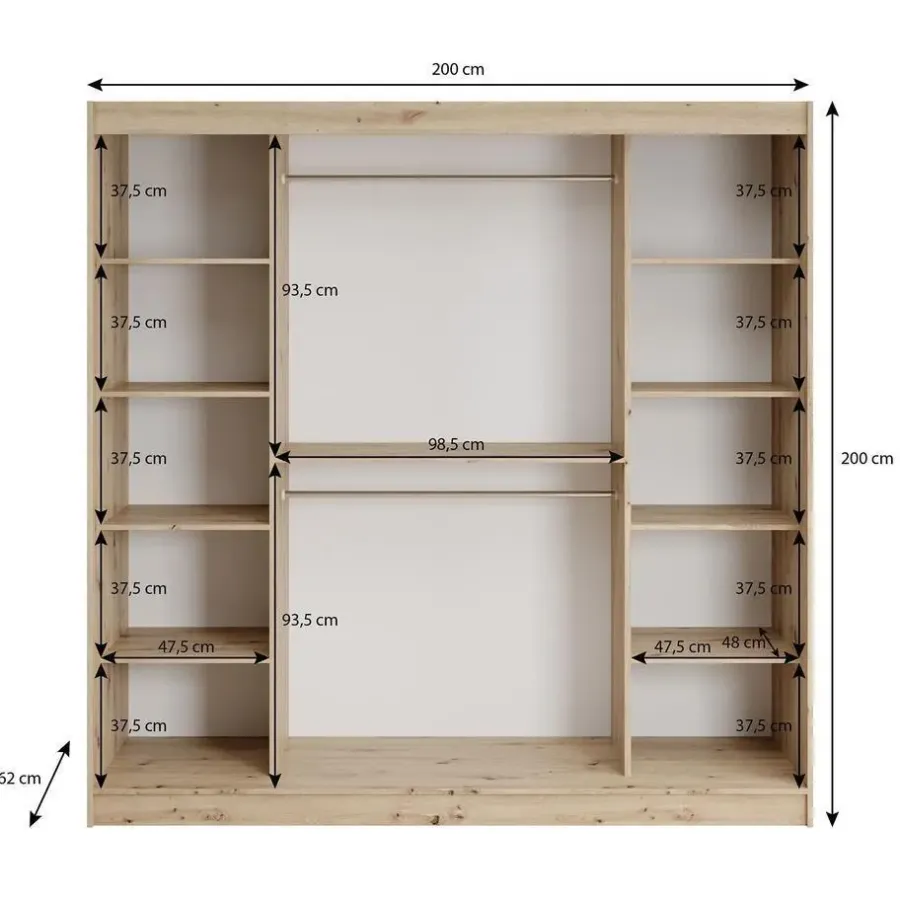 Meubella - Kledingkast Lisbon 2 - Eiken - 200 cm - Met spiegel