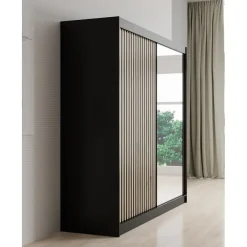 Schuifdeurkasten-Meubella - Kledingkast Lisbon 2 - Zwart - 200 cm - Met spiegel