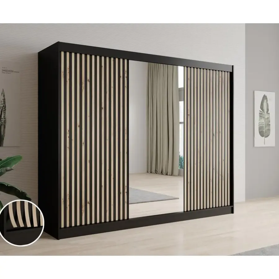 Meubella - Kledingkast Lisbon 2 - Zwart - 250 cm - Met spiegel