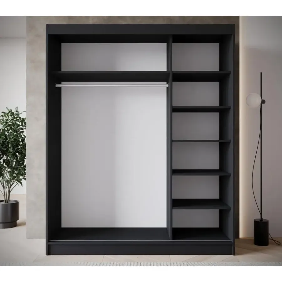 Meubella - Kledingkast Macerata - Zwart - 180 cm - Met spiegel