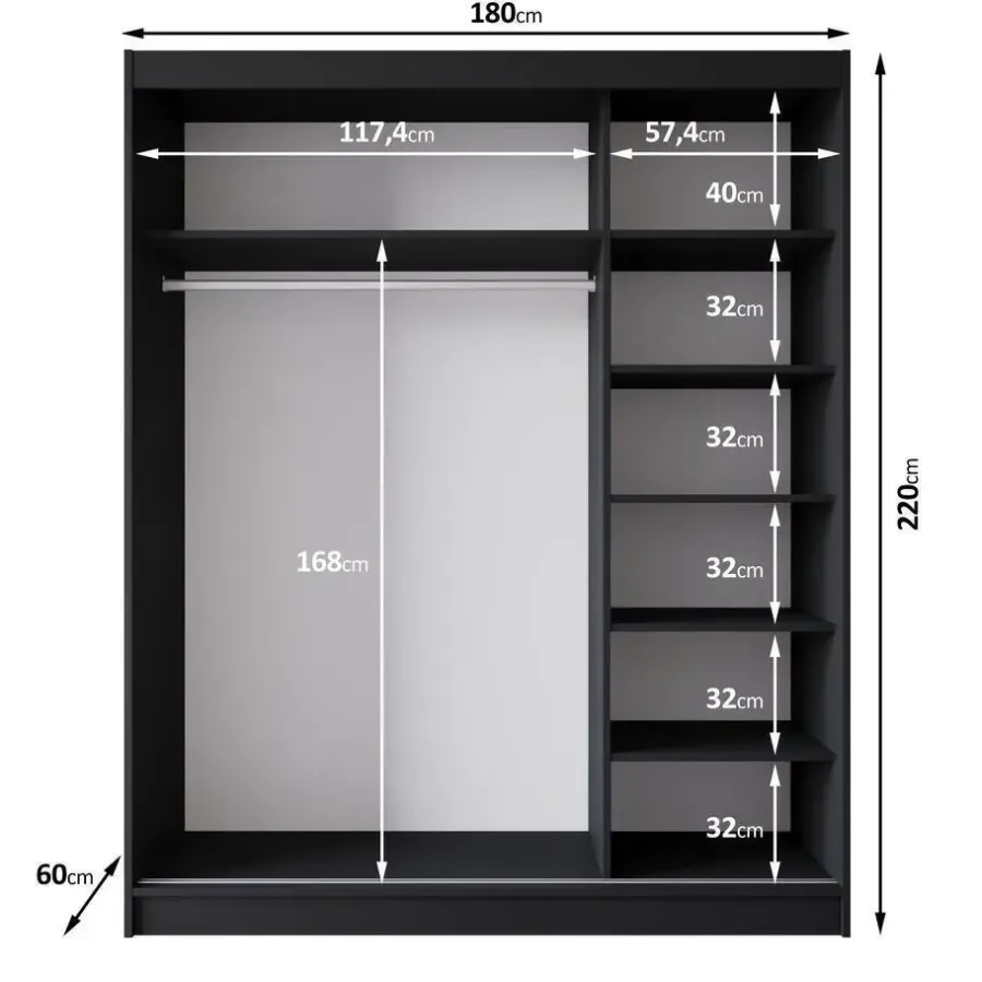 Meubella - Kledingkast Macerata - Zwart - 180 cm - Met spiegel