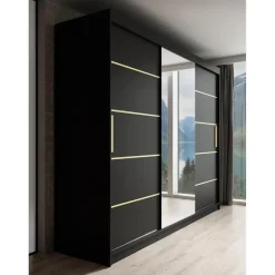 Schuifdeurkasten-Meubella - Kledingkast Malavi 2 - Zwart - 250 cm - Met spiegel
