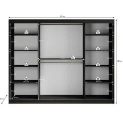 Schuifdeurkasten-Meubella - Kledingkast Malavi 2 - Zwart - 250 cm - Met spiegel