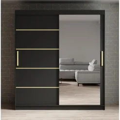 Schuifdeurkasten-Meubella - Kledingkast Malavi 2 - Zwart - 180 cm - Met spiegel