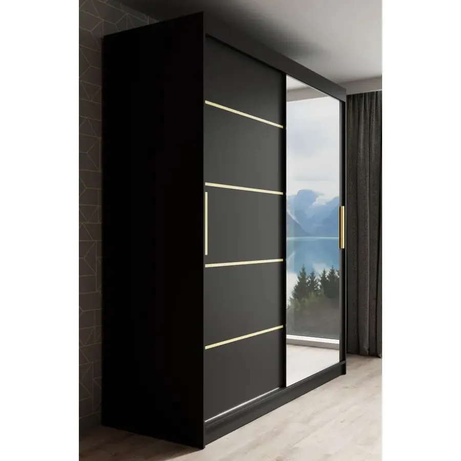Schuifdeurkasten-Meubella - Kledingkast Malavi 2 - Zwart - 180 cm - Met spiegel